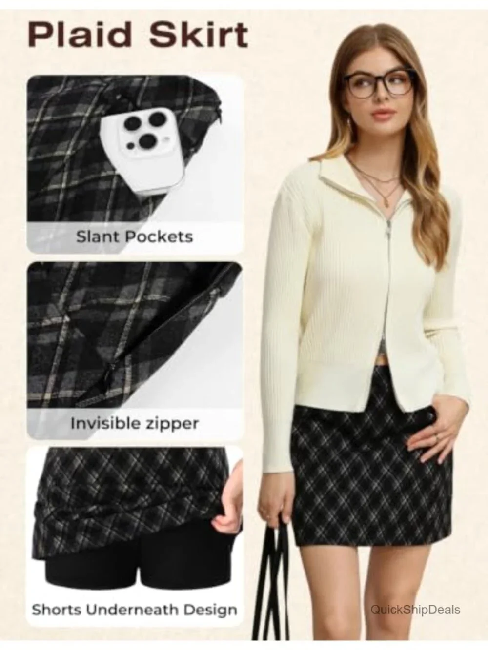 Women Plaid Mini Skirt with Shorts High Waist Pencil Skort Pockets